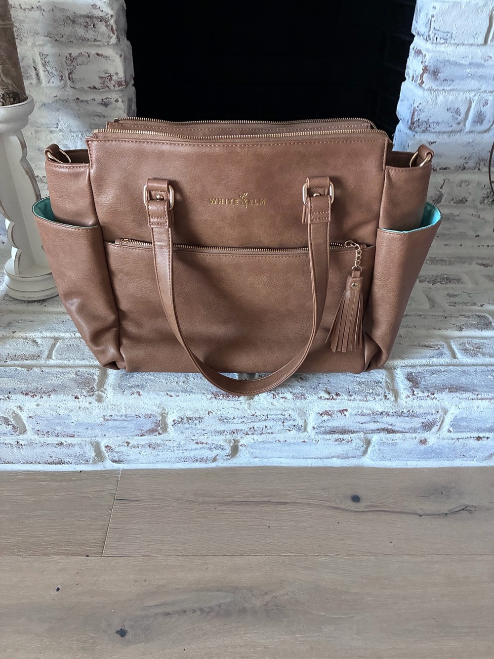 White Elm Large Brown Organizer Tote Shoulder Bag Turquoise Interior